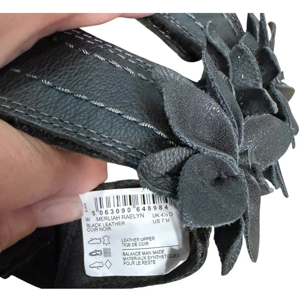 Clarks Merliah Raelyn Black Leather Floral Slide Wedge Sandals Womens 7 M